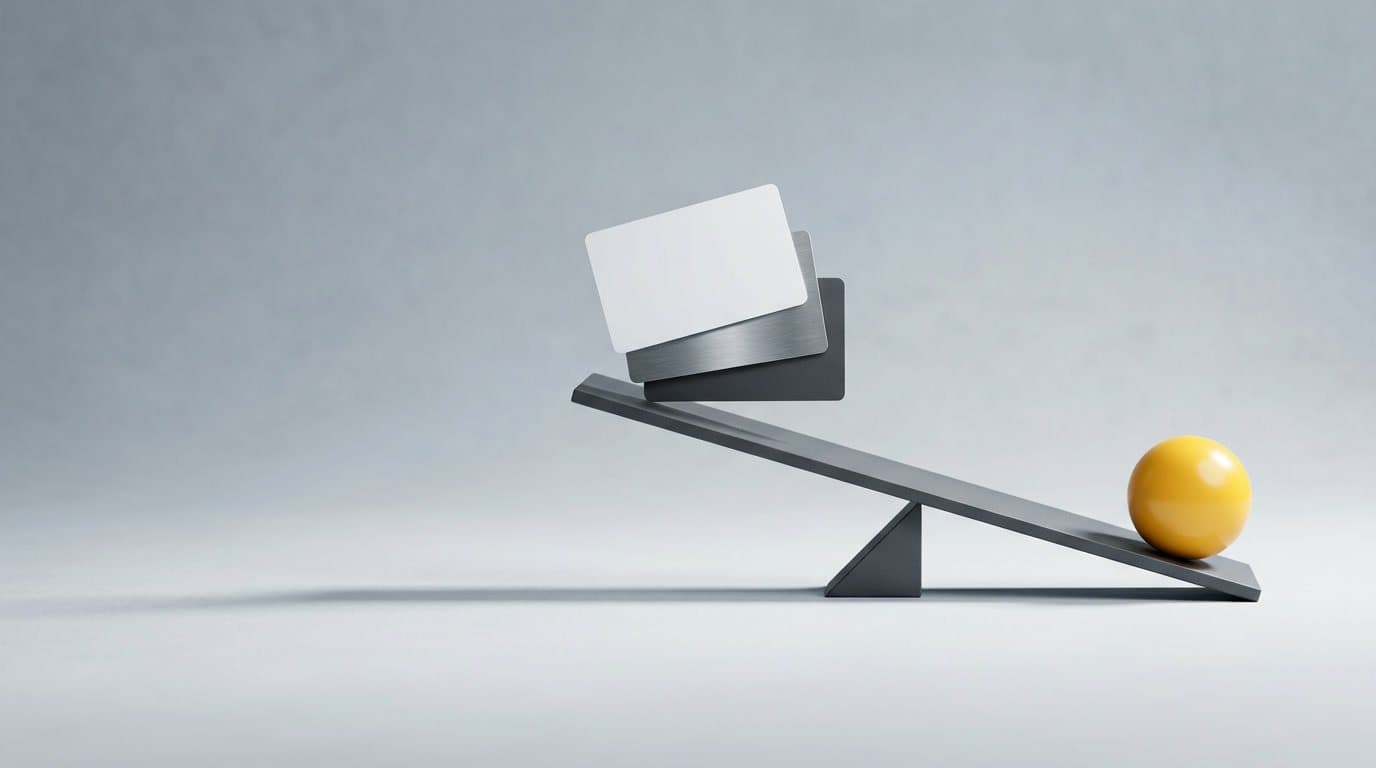A balance beam tipped by a saffron weight, with payment cards on the other end